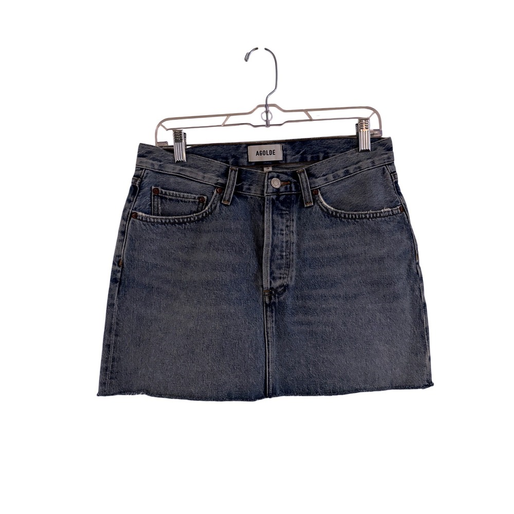 AGOLDE Quinn Denim Mini Skirt Medium Wash Blue Raw Hem Size 28